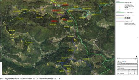 Pregledna karta trase - vodovod Brezen:  predmet izgradnje: 1., 2. in 5. faza